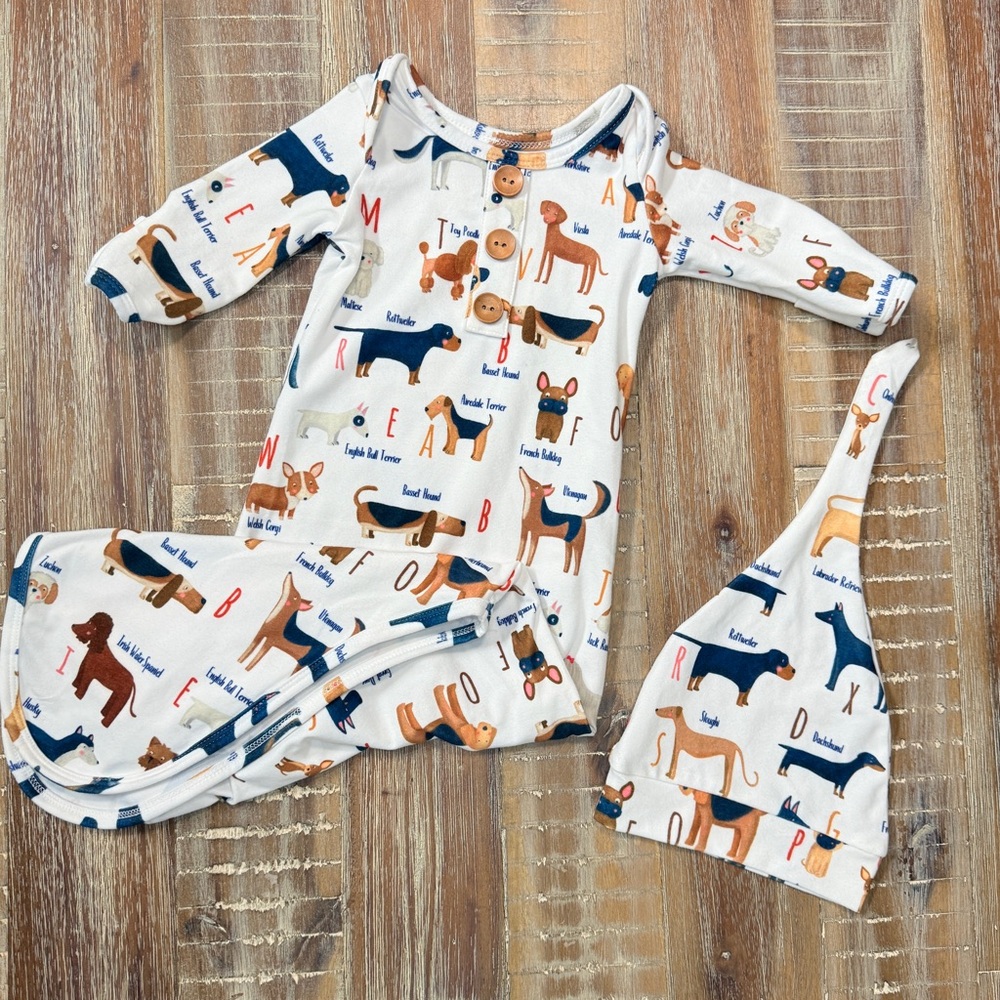 Caden Lane Cream Baby Gown & Hat Set with Navy and Tan Dog Print